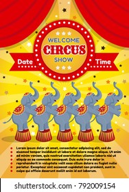 Vector illustration of a circus poster with elephants. On a yellow background.