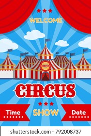 Vector illustration of a circus poster with tents.