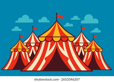 ilustração vetorial de uma cena circense com cinco tendas listradas vermelhas e brancas com topos amarelos e bandeiras vermelhas, dispostas simetricamente com uma grande tenda central e quatro tendas laterais menores