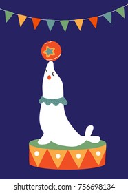 Vector illustration of circus seal performing tricks and balancing a ball on his nose on a platform