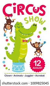 A Vector Illustration Circus Show. Party invitation with circus theme. Animals, juggler, acrobat, clown. Poster, card, sticker. Vector background