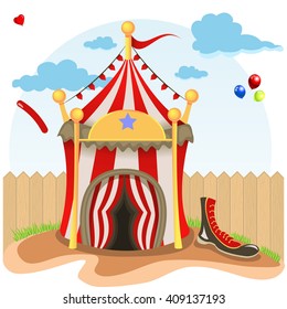 Vector illustration of circus tent beside wood fence 