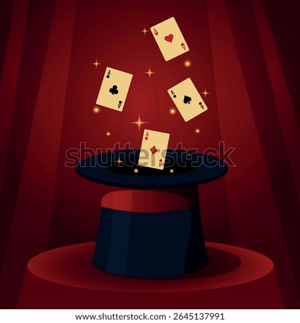 Vector illustration of circus, top hat with glitter and ace cards appearing from it. Magic show. Circus elements and tricks. Use for circus, posters, advertisement, tickets, events, social media