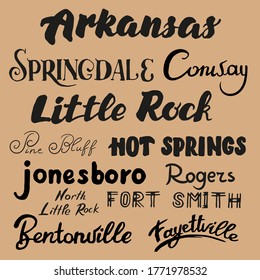 Vector illustration cities of Arkansas calligraphy text all grouped