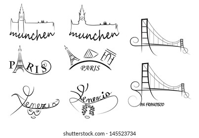 vector illustration of cities symbols: paris, munich, venice, san francisco city logo