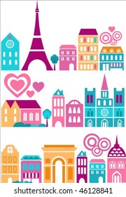 Vector illustration of a cities of the world with colorful icons of trees and buildings