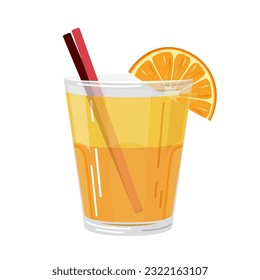 Vector illustration of a citrus cocktail with an orange slice and tubules on a white background in a flat style. Suitable for menu design, food stickers, scrapbooking.