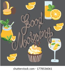 Vector illustration with citrus desserts with the inscription "Good morning"