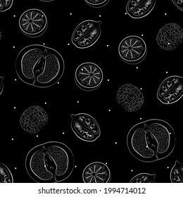 Vector illustration with citrus fruit Seamless pattern White grapefruits, lemons, and oranges in thin line on black backdrop