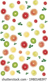 Vector illustration of citrus and kiwi. Juicy fruits: orange, lemon, lime, grapefruit, kiwi.