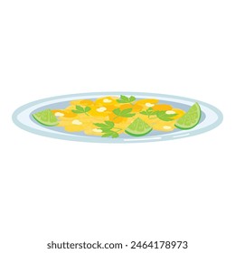 Vector illustration of a citrus salad with lime and parsley garnish on a plate