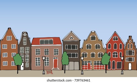 Vector illustration. The city in the afternoon. Houses, trees, benches and lampposts.