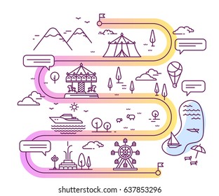 Vector Illustration Of City Amusement Park For Children Navigation With Speech Bubble. Infographic Route Concept. Road Map With Countryside Lake, Mountain, Attraction. Thin Line Art Design For Website