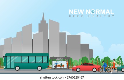 vector illustration of city atmosphere that has implemented new normal after the covid-19 pandemic