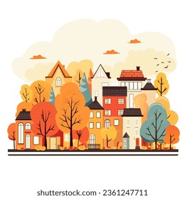 Vector illustration of city in autumn.Colorful warm autumn cityscape banner, different yellow, red and orange trees. Cartoon style.