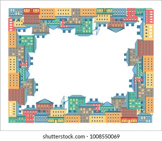 vector illustration of a city background around the perimeter of a rectangle top view of a tapestry on a white background