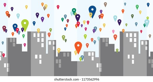 vector illustration of city background and geolocation pins for navigation visual