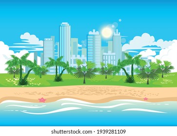 Vector Illustration Of A City Beach Surrounded By Palm Trees And Tropical Plants Against The Backdrop Of The Skyscrapers Of A Big City By The Sea. Rest In The Resort Town.