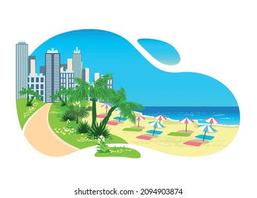 Vector illustration of a city beach surrounded by palm trees and tropical plants against the backdrop of the skyscrapers of a big city on the seashore. Rest in the resort town.