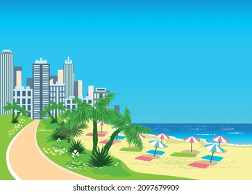 Vector illustration of a city beach surrounded by palm trees and tropical plants against the backdrop of the skyscrapers of a big city on the seashore. Rest in the resort town.