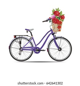 Vector illustration of city bicycle. Modern woman bike with basket full of peonies. Flat style design element isolated on white background.