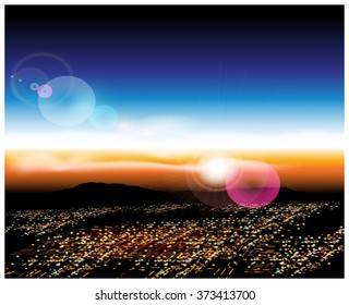 Vector illustration of a city with a bird's-eye view at sunrise. Illustration seamless horizontally if needed
