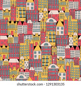 Vector illustration of a city building in the form of a color seamless pattern. Houses of different shapes. Urban background pattern. - Powered by Shutterstock - Get 15% off with code: PIKWIZARD15