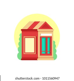 Vector illustration of city building, kiosk, shop with signboard. Cute sunny red and beige colors. Isolated on yellow background.