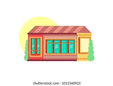 Vector illustration of city building, shop with signboard. Isolated on yellow background.