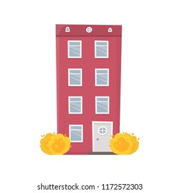 Vector illustration of city building with yellow bushes isolated on white background. Flat cartoon style for your banners, posters, commercial. EPS 10