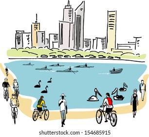 Vector illustration of city buildings, cyclists, and rowers, Perth Australia. 