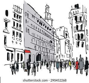 Vector illustration of city buildings and pedestrians.