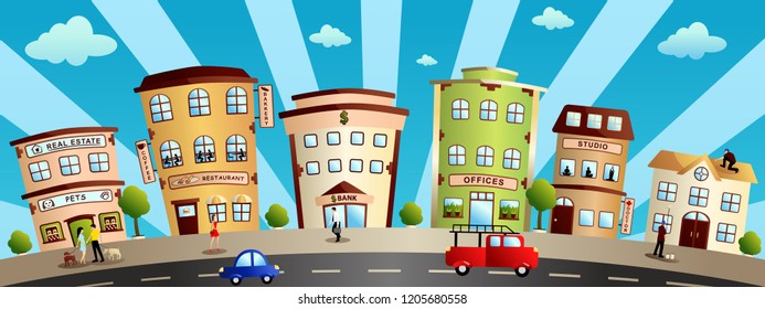A vector illustration of City Buildings and Shops 