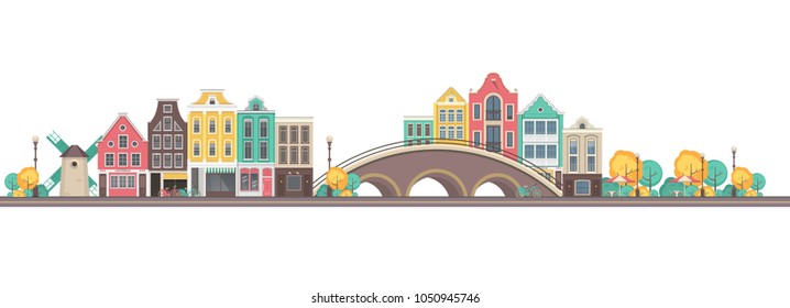 Vektorillustration-Illustration Stadtgebäude in der Nähe von Brückenstadt Amsterdam auf weißem Hintergrund