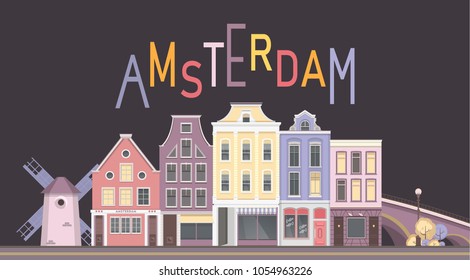 vector illustration city buildings street near bridge city amsterdam on black background evening