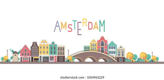 vector illustration city buildings street near bridge city amsterdam on white background
