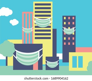 Vector illustration. City, buildings wearing facial medical masks.