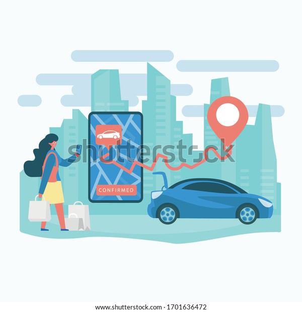 Vector illustration of a city\
car rental service. Car sharing service in the city. The girl uses\
a smartphone for car sharing services. Flat style color\
illustration.