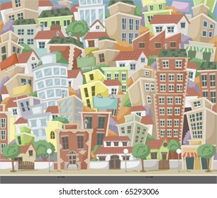 Vector illustration of a city with colorful trees and buildings