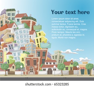 Vector illustration of a city with colorful trees and buildings