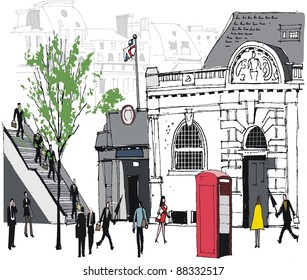 Vector illustration of city commuters at London railway station.