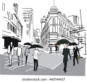 Vector illustration of city commuters with umbrellas with old buildings background.