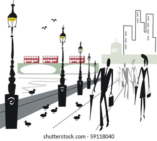 Vector illustration of city commuters walking to work in urban landscape.