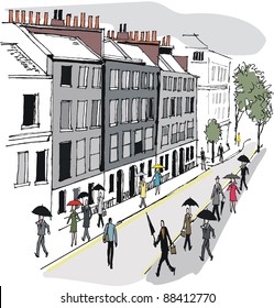 Vector illustration of city commuters in Whitehall, London England