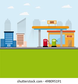 Vector illustration and city concept. Skyscrapers in the background. In the foreground is a gas station.