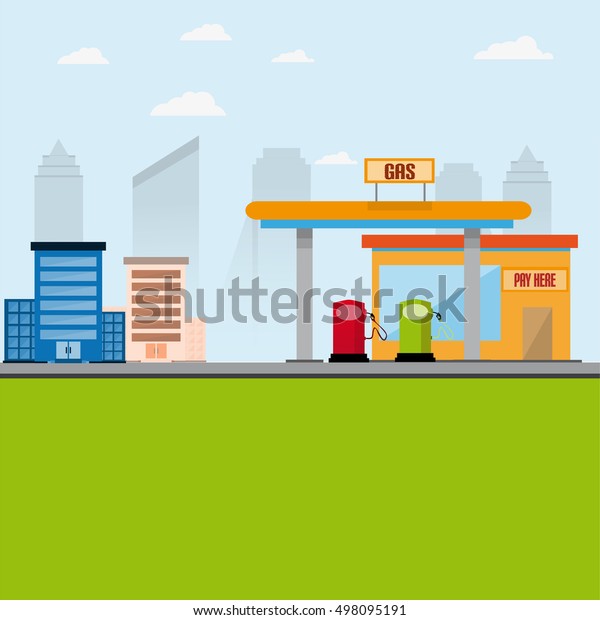 Vector illustration and\
city concept. Skyscrapers in the background. In the foreground is a\
gas station.