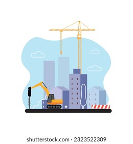 Vector illustration of city construction site with crane, excavator, and modern buildings in background, depicting urban development and industrial engineering concept