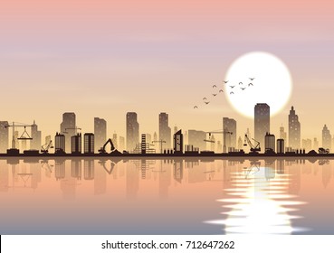 Vector illustration of City and construction site beside a river