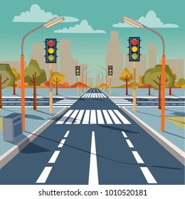 Vector illustration of city crossroad with traffic lights, road markings, sidewalk for pedestrians, without any cars and people. Cityscape, empty street, highway, urban concept in flat style