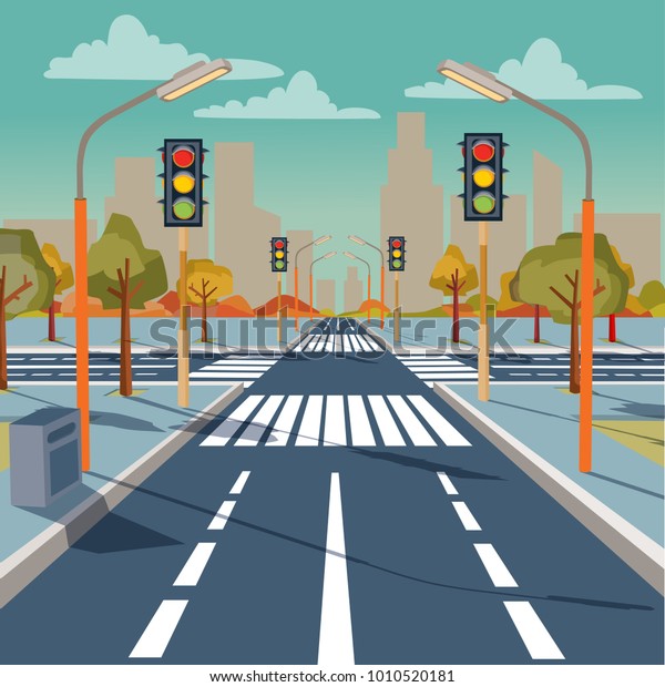 交通信号 道路標示 歩行者用の歩道 車や人のいない交差道路のベクターイラスト 町並み 空の通り 高速道路 平らな都市のコンセプト のベクター画像素材 ロイヤリティフリー